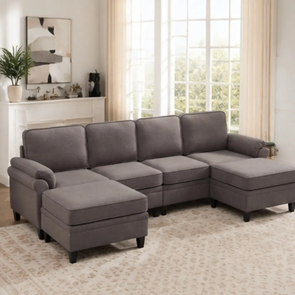 Modular L-Shaped Sectional Sofa with Storage Ottoman, 102-Inch Cloud Sofa, Dark Gray Linen Blend Fabric, 6-Seat Large Corner Couch with Under-Seat Storage, DIY Configurable for Living Room, Farmhouse Style, Wood Frame, Foam Cushions