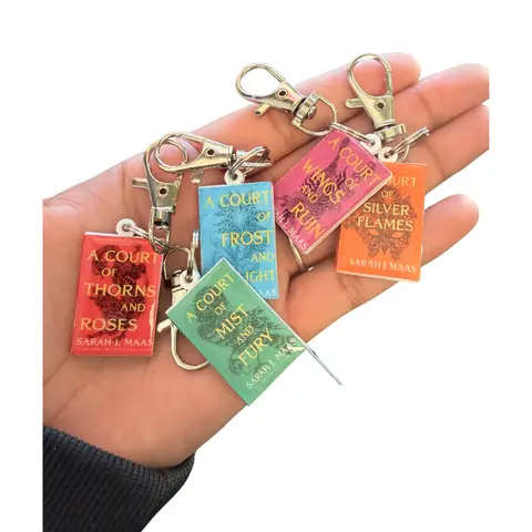 ACOTAR Unisex Rectangular 3D Acrylic Resin Coated Mini Book-Themed Charm Keychain, 1.25in Tall, 1/8in Thick, Detailed Covers & Spine, Book Lovers' Adventure Accessory, Fashion Costume Jewelry, Chain Attachment, Bag Charm, Keychain for Car Keys