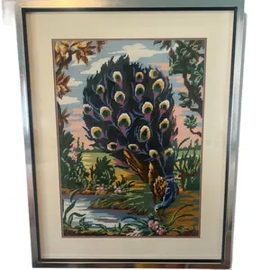 Vintage Peacock Needlepoint Framed Artwork Colorful