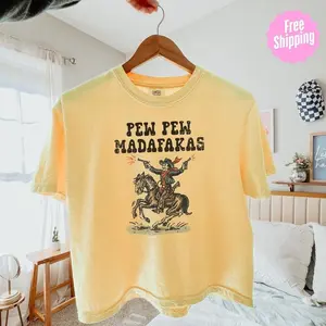 Pew Pew Cowboy Horse Graphic Tee Vintage Western Pigment Dyed Cotton Boxy Shirt