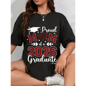 Women's 100% Cotton Fitted Crew Neck Short Sleeve T-Shirt Clothes, 2026 Senior Graduate Print Proud Mom Graduation Summervibes Unisex Top