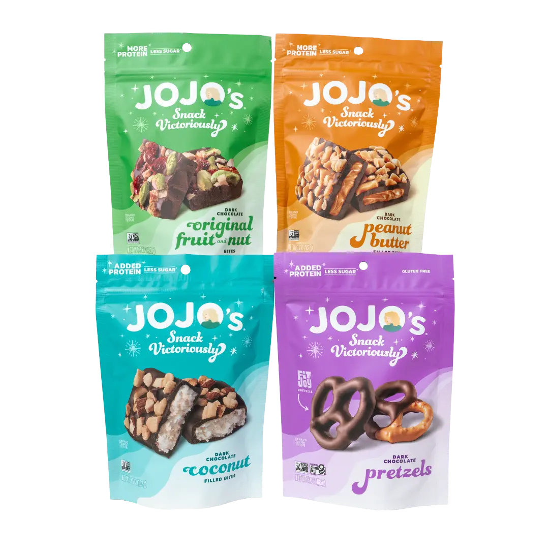JOJOs Dark Chocolate BEST SELLERS BUNDLE (Pistachio Almond Cranberry Bites, Peanut Butter Bites, Coconut Almond Bites, Chocolate Covered Pretzels)