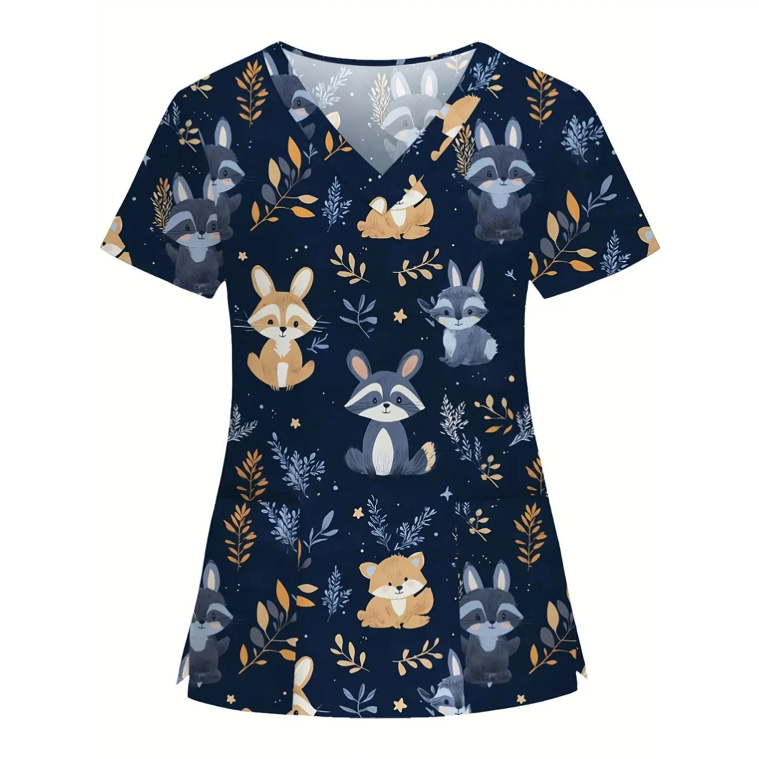 Women's V-Neck Short Sleeve Nurse Top with Pockets - Adorable Fox and Leaf Design, Dark Blue, Professional and Comfortable Healthcare Workwear, Durable Fabric