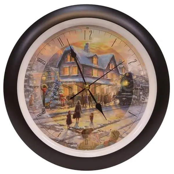 Thomas Kinkade All Aboard for Christmas Holiday Sounds Wall Clock, 13 Inch, Black - Plays 12 Christmas Carols, Light Sensor Auto Night Off, Battery Operated Musical Wall Clock, Collectible Holiday Home Decor Gift for Christmas & Train Lovers
