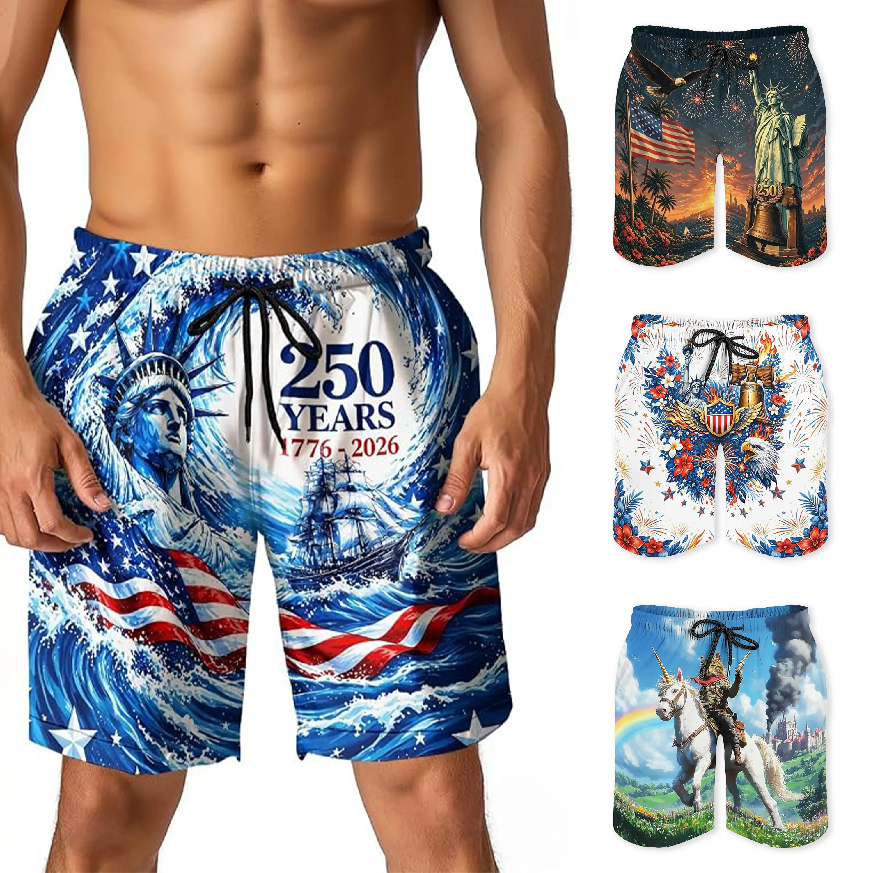 Men's Quick-Dry Swim Trunks - Fourth of July Graphic, Funny Patterned Textured Beach Shorts with USA Flag, Skull, Pineapple, Tropical Fruit Prints, Rubber Duck Accent, Elastic Drawcord Waist, Surfwear, Sporty Chic, Plus Size 2XS-6XL