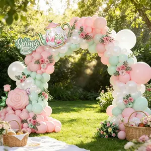 140 Piece Spring Tea Party Balloon Arch Set, Macaron Mint Latex Balloons, Floral Pattern for Birthday Garden Mother's Day, Spring Theme Decor