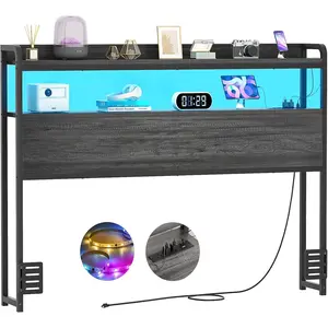 Headboard for Full Size Bed Frame, Headboards with Outlets, USB Ports and LED Light,  Board with Storage, Height Adjustable, Sturdy and  Headboard, Full Size, Black Oak