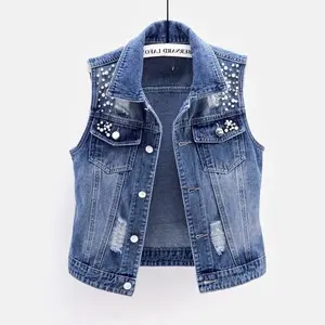 Women's denim vest luxury pearl fashion 2025 Spring and Autumn denim jacket sleeveless loose short jacket vest street wear women