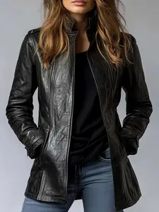 Women's distressed faux leather jacket, casual zip-up stylish bomber jacket with pockets