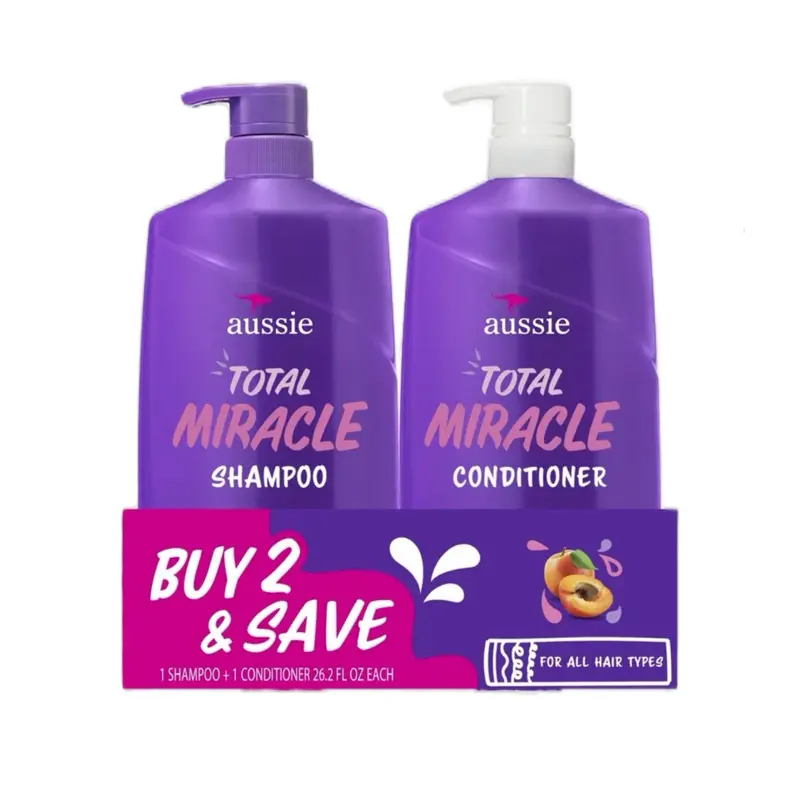 Aussie Total Miracle Hydrating Apricot & Macadamia Oil Shampoo & Conditioner Twin Multi-Pack (26.2 fl oz), Paraben-Free, Universal Use for Any Hair Type Haircare Cleanser, Apricot Oil, Twin Pack