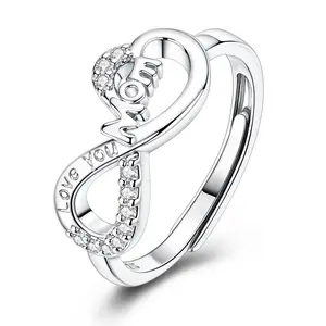 MULA 925 Silver-Plated Infinity Mom Ring - Adjustable White Gold-Plated Band, Cubic Zirconia Halo Setting, Hand-Engraved "Love You" Phrase, Diamond Engraved 'Mom' Letterstone Jewelry Gift for Mother, Halo Setting Rings, Hand-Engraved Rings