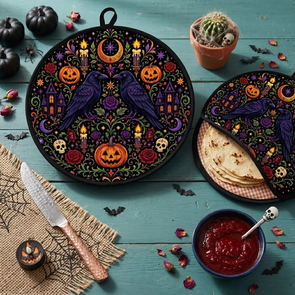 Halloween Gothic Raven Fabric Tortilla Warmer Pouch - Insulated, Microwave-Safe Holder with Pumpkin Print, Heat Retention for Tacos & Pancakes, Fall Taco Tuesday Spooky Kitchen Decor