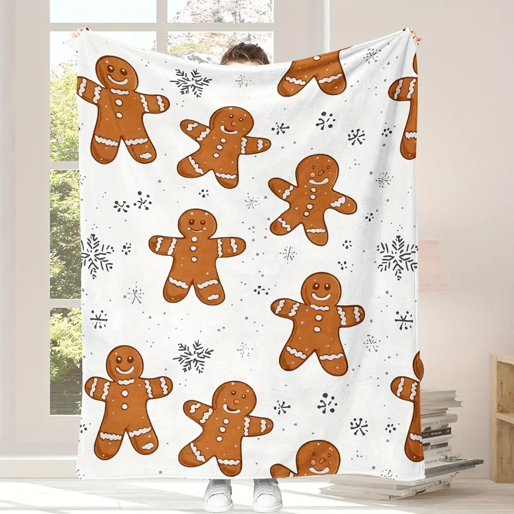 Gingerbread Christmas Throw Blanket, Cute Cookie Blanket with Gingerbread Man and Snowflake Pattern, Cozy Holiday Blanket for Couch Sofa Bed, Christmas Kitchen Home Decor Gift, Fun Xmas Blanket for Kids Family Winter Season