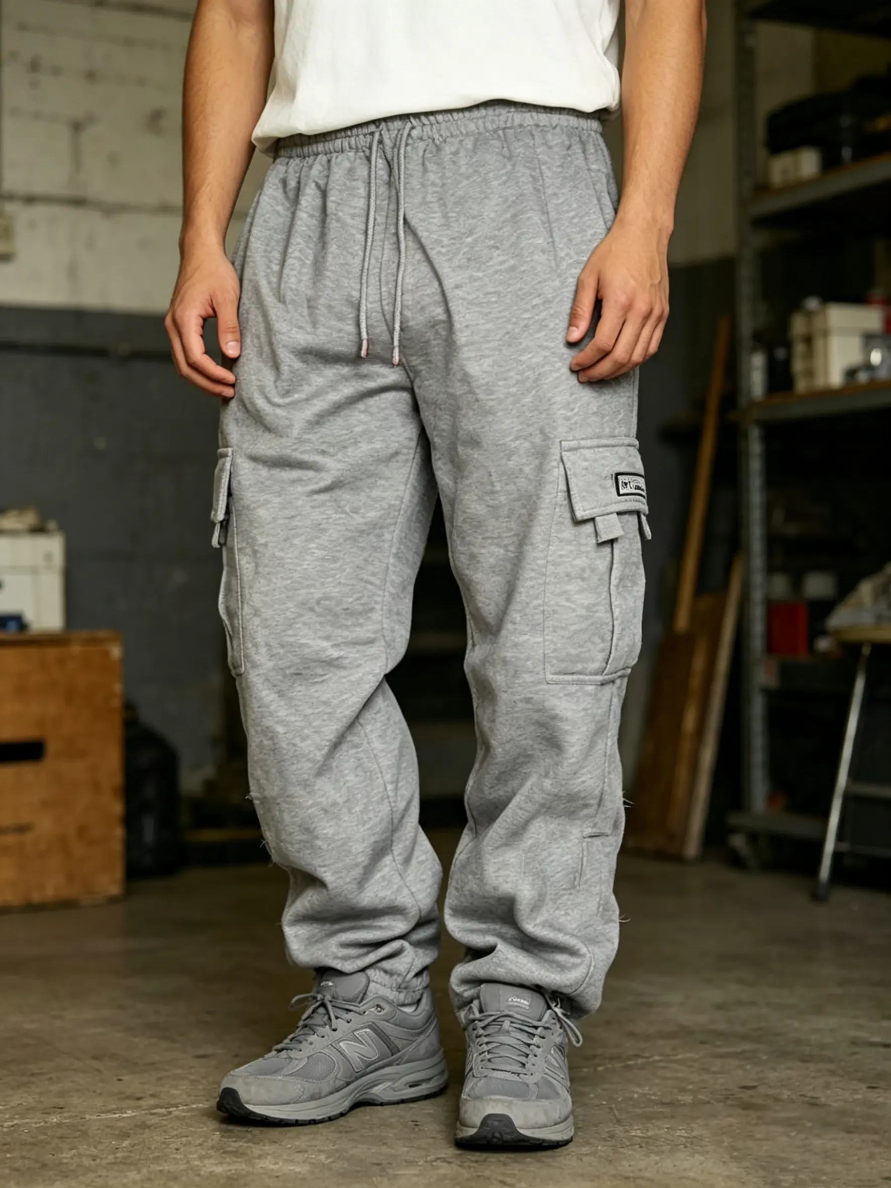 Men's Cargo Sweatpants Open Bottom Fleece Hiking Jogger Cargo Sweatpants for Men with Pockets
