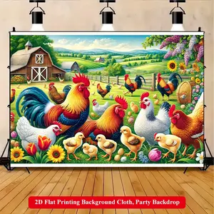 2D Flat Printing Backdrop Banner Yard Sign Banner 1pc, Party Decorations Banners, Farm Chickens And Roosters Background Cloth, Multi-Size Polyester Wall Decor Suitable for Home, Outdoor Parties, No Electricity Required