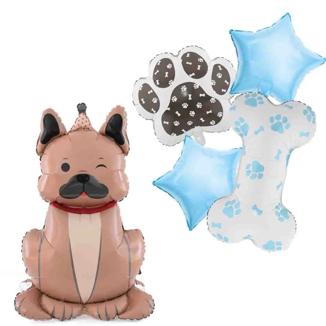 Bulldog Dog Theme Balloon Kit Dog Paw Print Balloon Bone Shaped Foil Balloon Blue Star Shape Balloons Sets Props for Pets Birthday Dog Party Supplie Puppy Decorations 5PCS
