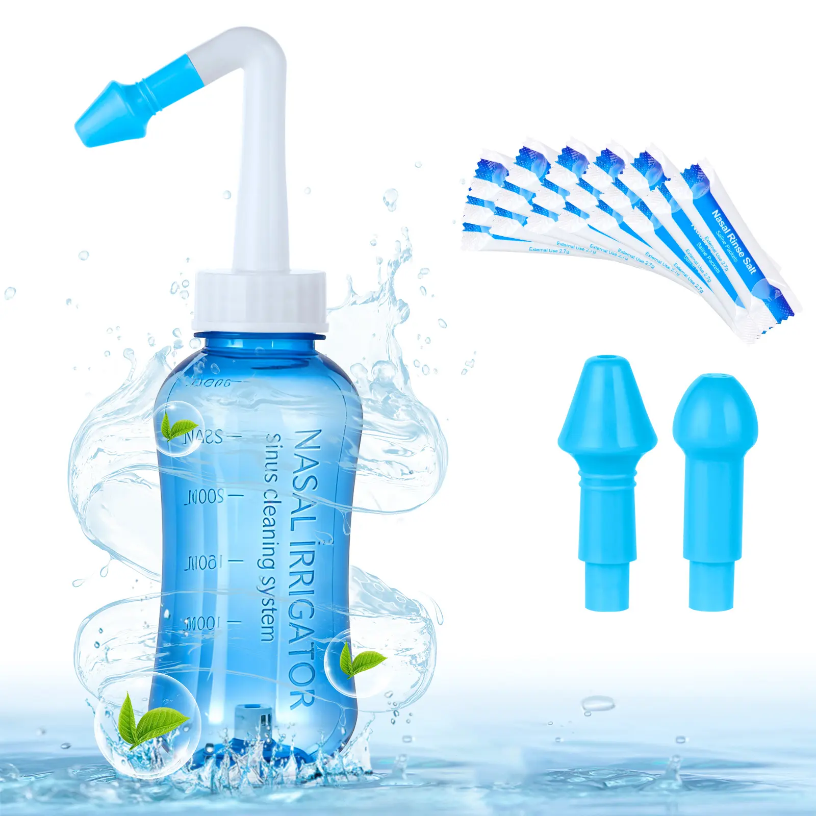 Neti Pot Sinus Rinse Bottle Nose Wash Cleaner Pressure Rinse Nasal Irrigation for Adult & Kid BPA Free 300 ML with 30 Nasal Wash Salt Packets (Blue)