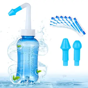 Neti Pot Sinus Rinse Bottle Nose Wash Cleaner Pressure Rinse Nasal Irrigation for Adult & Kid BPA Free 300 ML with 30 Nasal Wash Salt Packets (Blue)
