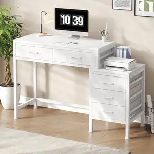 Office Desk with 5 Drawers & Integrated Printer Stand, Large Computer Writing Desk with Fabric Storage Bins & Storage Shelves for Home Office & Study