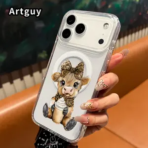 Magnetic Phone Case for iPhone 17 Pro Max 16 Plus 15 14 13 12 11 Air E Cute Cow with Latte Pattern Acrylic Back Shockproof Ultra Thin Mobile Phone Cover Gift for boy girl