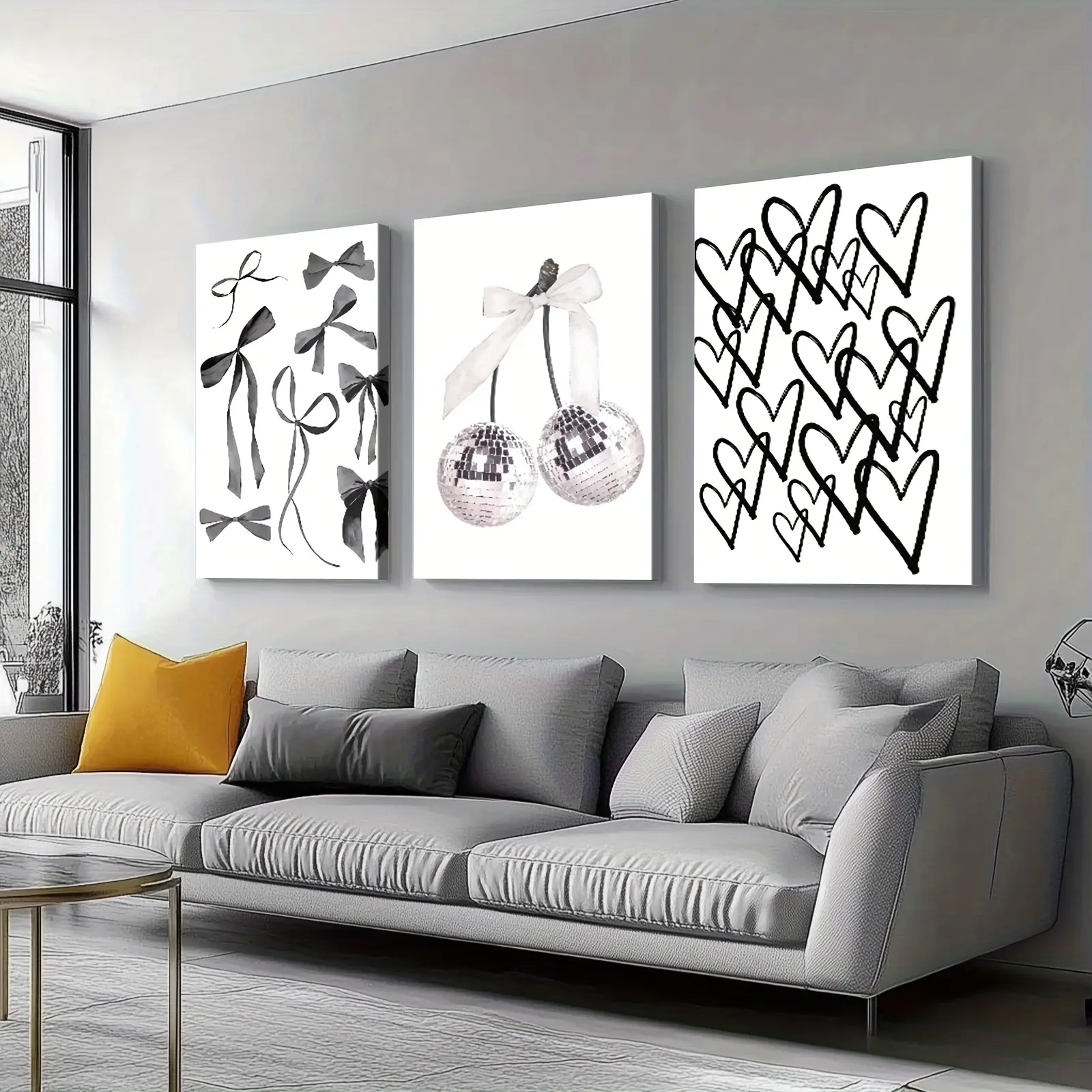 3pcs Framed Canvas Wall Art - Modern Wooden Framed Prints with Bows, Disco Balls, Hearts - Artistic Home Decor for Room Gallery Wall, Hanging Gift