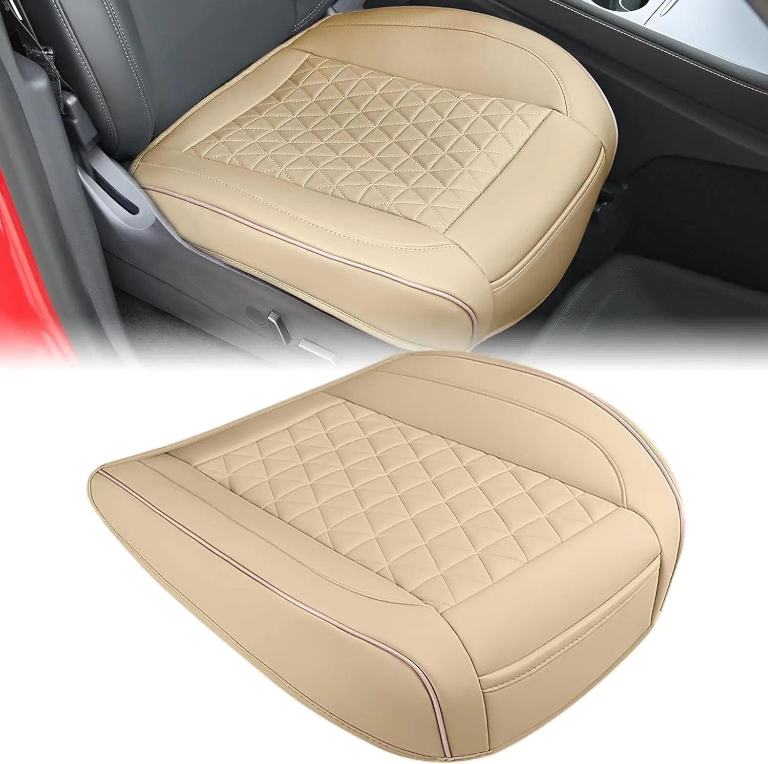 Nilight Beige Leather Front Seat Covers - Car Accessories, Waterproof Protector with Anti-Slip Base, Bottom-Wrapping Design, Storage Bag, Fits Sedans, Trucks