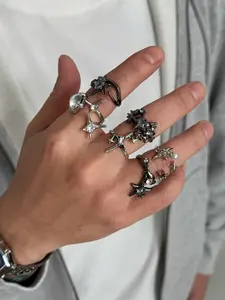 Men's Hip Hop Style Starburst Faux Pearl Rhinestone Ring Set, Casual Vintage Design Party Jewelry Gift, 6 Piece Metal Imitation Rings