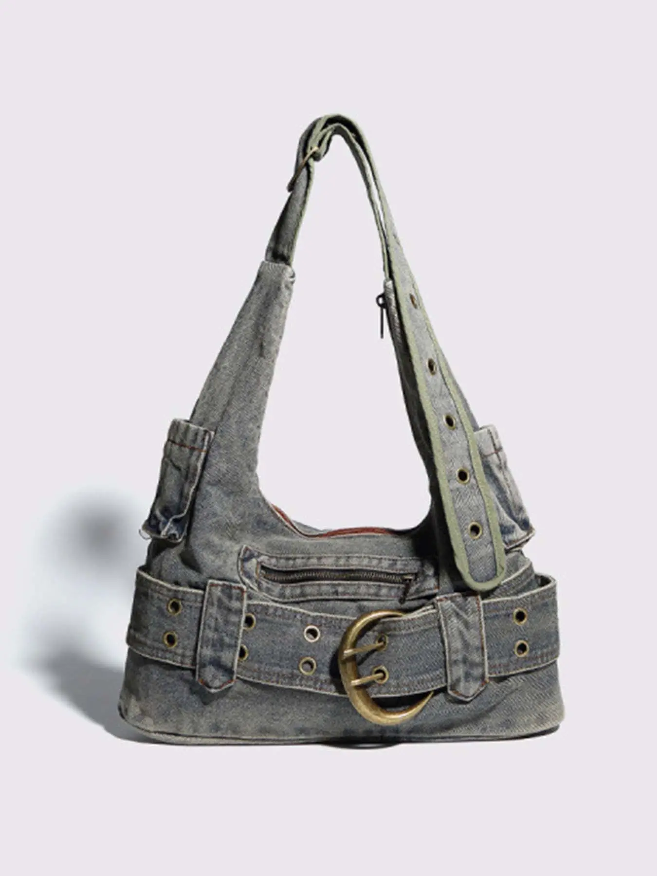 Niche retro distressed denim baguette bag, metal buckle belt decorated shoulder tote bag, washed personality creative shoulder bag, shoulder bag, Denim Shoulder Purse, Trendy commuter purse, Casual fashion bag, Fashionable casual bag