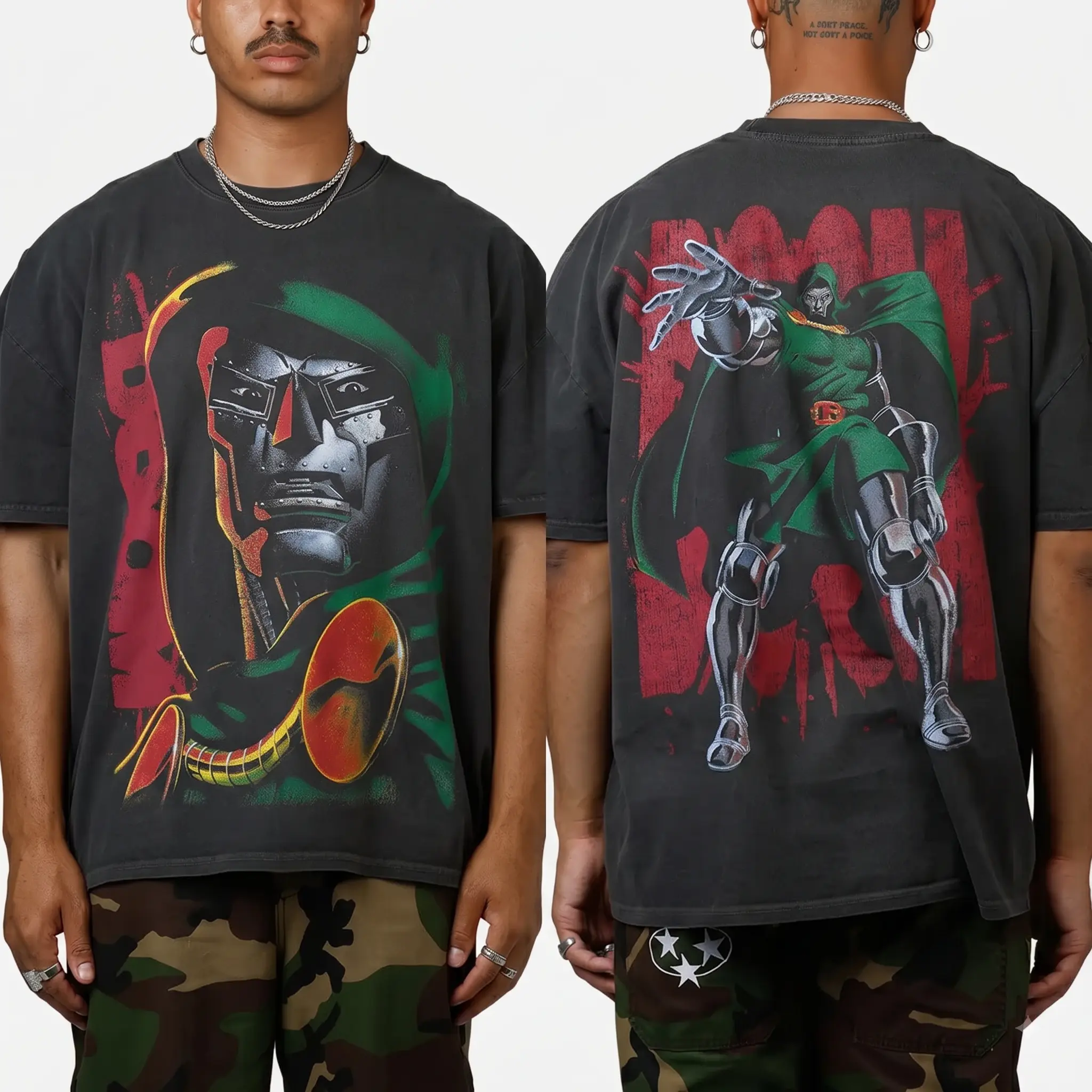 Doctor Doom Vintage Bootleg Rap T-Shirt, Premium Black Acid Wash Two Sided Graphic Tee, Fantastic Four Super Villain Comic Book Apparel, 90s Nostalgic Streetwear Merchandise, Classic Casual Menswear, Cool Retro Fan Novelty Gift