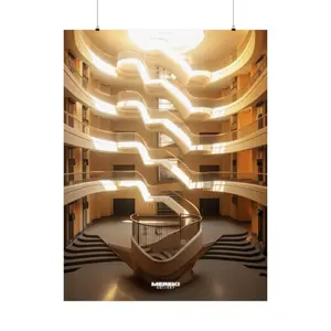 Architectural Elegance Art Print - Mereki Gallery, Modern Spiral Staircase Interior Design, Warm Light Ambience Wall Decor