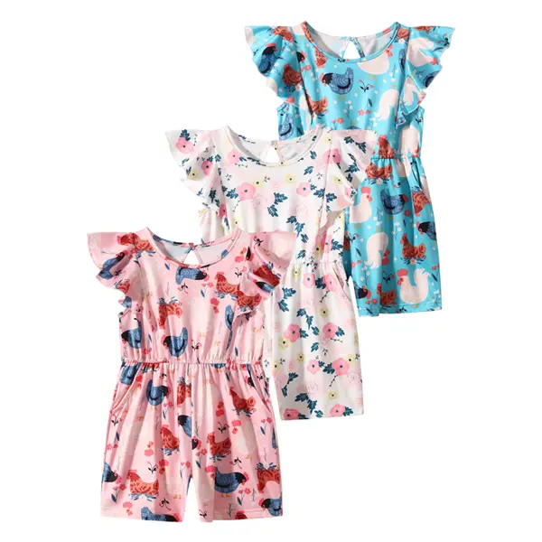 3-piece #SummerVibes girl summer fashion flutter sleeve jumpsuit printing design cute popular girl jumpsuit