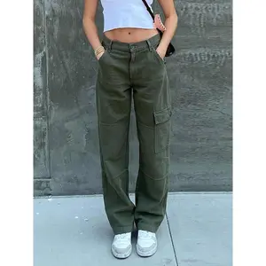 One Side Square Pocket Wide Leg Cargo Pants, Loose Baggy Fit Straight Legs Denim Trousers, Y2K Kpop Vintage Style, Women's Denim Jeans, Women's Clothing Womenswear Bottom Solid Basic