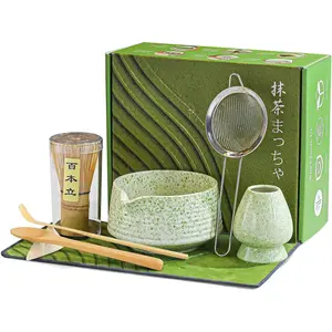 8 count Matcha Whisk Set - 18OZ Ceramic Bowl with Spout, Matcha Sifter, Matcha Whisk Holder &  Matcha Whisk | Matcha Scoop, Complete   Ceremony Kit for Matcha Lover(Mottled Green)