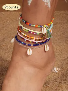 9pcs Boho Colorful Beaded Shell Tassel Anklet Set, Fashion Multi-Layer Pearl Ankle Bracelets, Beach Vacation Tassel Conch Pendant Jewelry, Layered Anklet