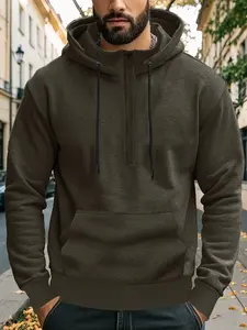 Men's Half-Zip Stand Collar Sporty Outdoor Hoodie, Solid Color Kangaroo Pocket, Loose Fit Comfortable Running Casual Top, Ideal for Daily Wear