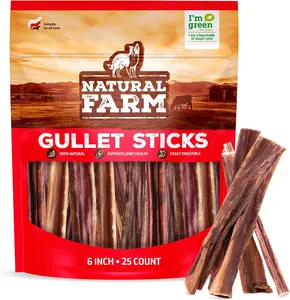 Natural Farm 6 in Beef Gullet Stick Dog Treats - 25 Count, 100% Grass-Fed, High-Quality Glucosamine & Chondroitin, Soft Chew, Digestible, No Additives, Training Treats
