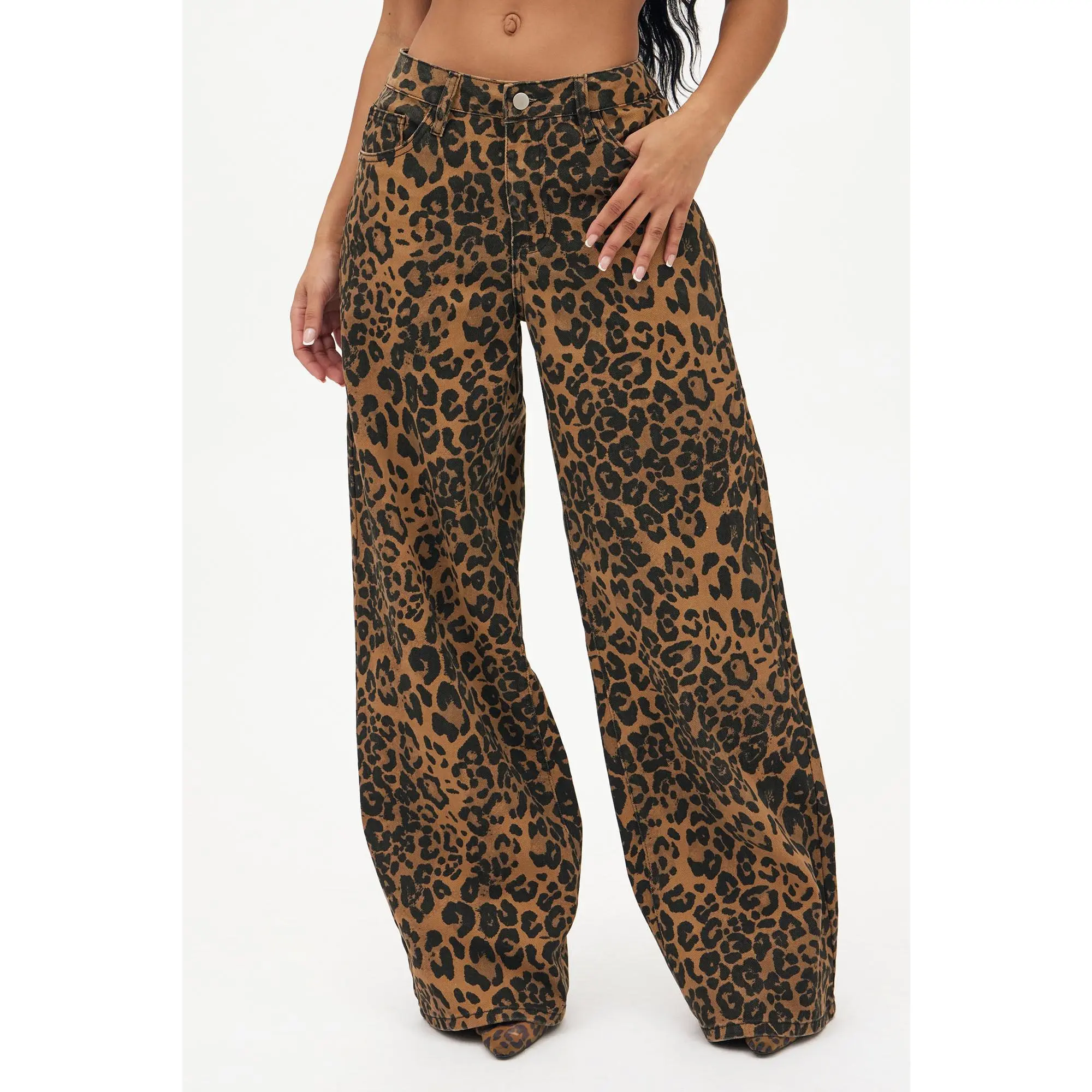 She's A Wild One Leopard Print Wide Leg Jeans - Brown Combo She's A Wild One Leopard Print Wide Leg Jeans - Brown Combo
