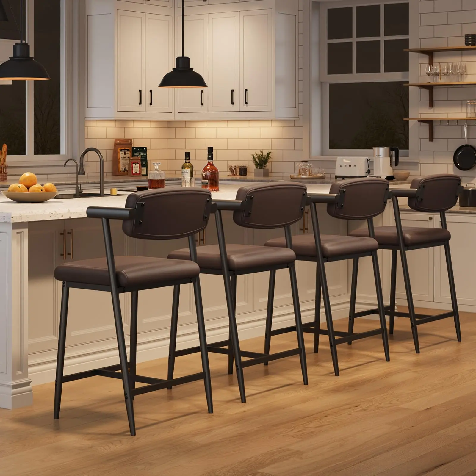 Garvee Counter Height Bar Stools of 4 with Armrests, 4 Piece Counter Height Bar Stools Set with Back, Upholstered Seat & Metal Footrest for Kitchen Islands, Counter Bars, Retro Brown