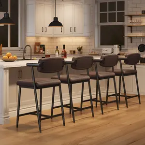 Garvee Counter Height Bar Stools of 4 with Armrests, 4 Piece Counter Height Bar Stools Set with Back, Upholstered Seat & Metal Footrest for Kitchen Islands, Counter Bars, Retro Brown