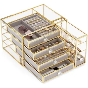 organizer box-Tempered Glass 5-Drawer  boxes for women, Large  Boxes & Organizers With  Necklaces Earring Organizer.