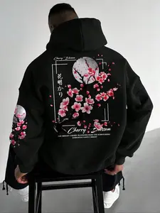 Casual Fitted Plus Size Floral Cherry Blossom Moon Print Fleece Hoodie, Comfortable Long Sleeves Hooded Sweatshirt for Women, Stylish Winter Wear