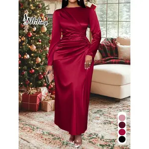 Plus-Size Women’s Christmas Clothing — Elegant Solid Satin Maxi Dress with Round Neck, Long Sleeves, Bodycon Fit, and High Waist; Autumn Fashion Plus-Size Evening Wear