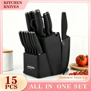 Spring 2026 Hot Seller | 15-Piece Kitchen Knife Set with Block | Self-Sharpening, Stainless Steel Dishwasher Safe, Anti-Slip Handle, Available in Black and White