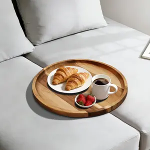Acacia Wood Sofa Tray, Folding Couch Table Insert for Middle Portable Couch Armrest Trays Perfect for Drinks, Snacks, Phone, Remote Control (Circle)