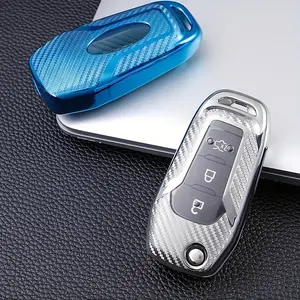 Premium Carbon Fiber TPU for Ford Key Cover-Fusion,Fiesta,Escort,Mondeo,Everest,Ranger | 3-Button Folding Case with Key Chain | Silver/Blue/Red/Pink/Green Durable and Stylish Protection