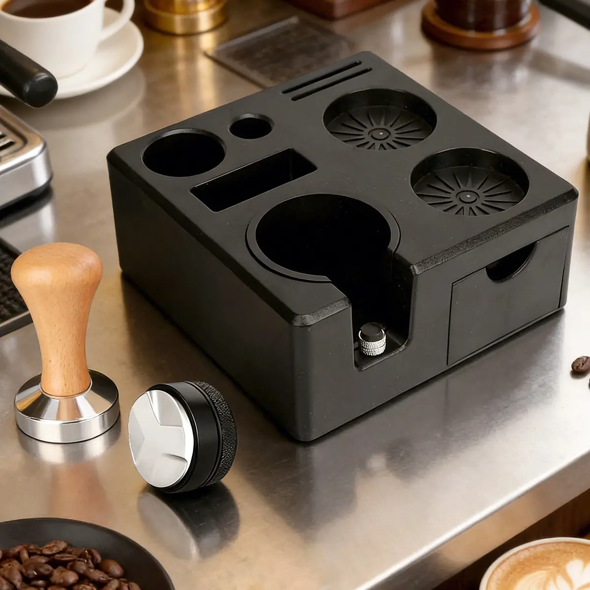 53mm Espresso Accessories Kit, Coffee Tamping Station, Set of 3, Aluminium, with Drawer, Coffee Distributor, Espresso Distribution Tool, Bottomless Portafilter, Puck Screen, Coffee Tools