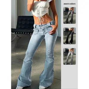 Women’s Stretch Low-Rise Double-Button Elastic Skinny Vintage Flared Jeans