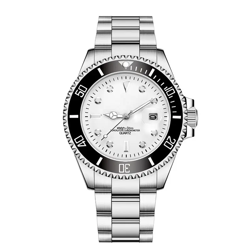 Luxury Stainless Steel Watch with Black Bezel and White Dial for Men
