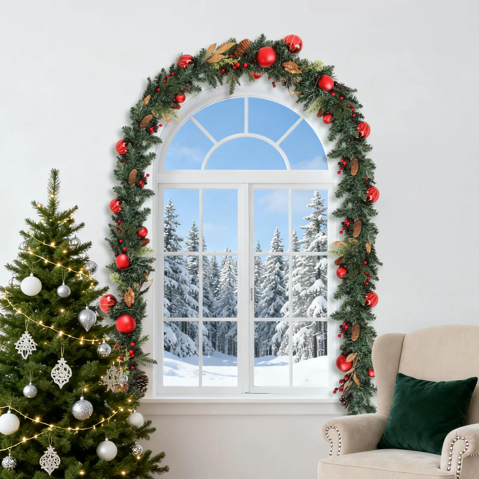 9ft Pre-Lit Christmas Garland with 100 LEDs, Red Ornaments, Battery Pack - Holiday Festive Home Decor for Garlands & Swags, Light-Up Wreaths, Garlands & Swags