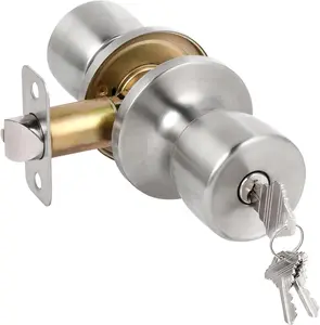 Door Knob with Lock and Key, Keyed Entry Door Knob, Exterior and Interior Door Lock for Front Door Commercial and Residential Area, Entry Door Handle for Bedroom and Bathroom, Satin Nickel
